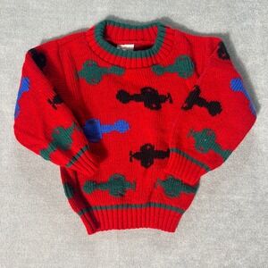 VTG Park Bench Kids Vintage Red Airplane Knit Sweater Toddler Size 2T Made USA